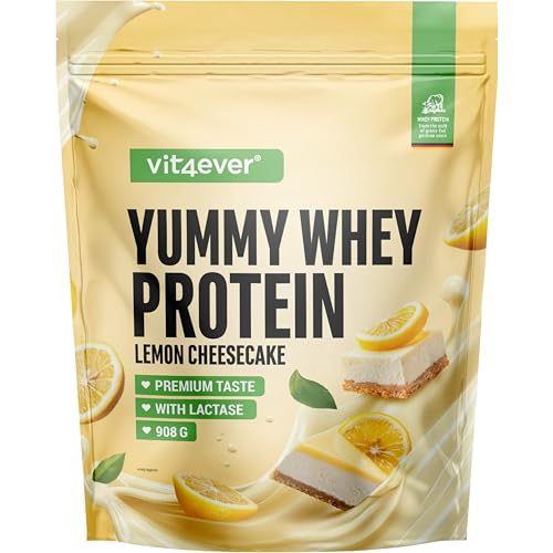 Yummy Whey Protein Powder - Tarta de queso al limón - Hasta 22,5g de proteína por ración - Batido de proteína con lactasa y suero alemán (908g)