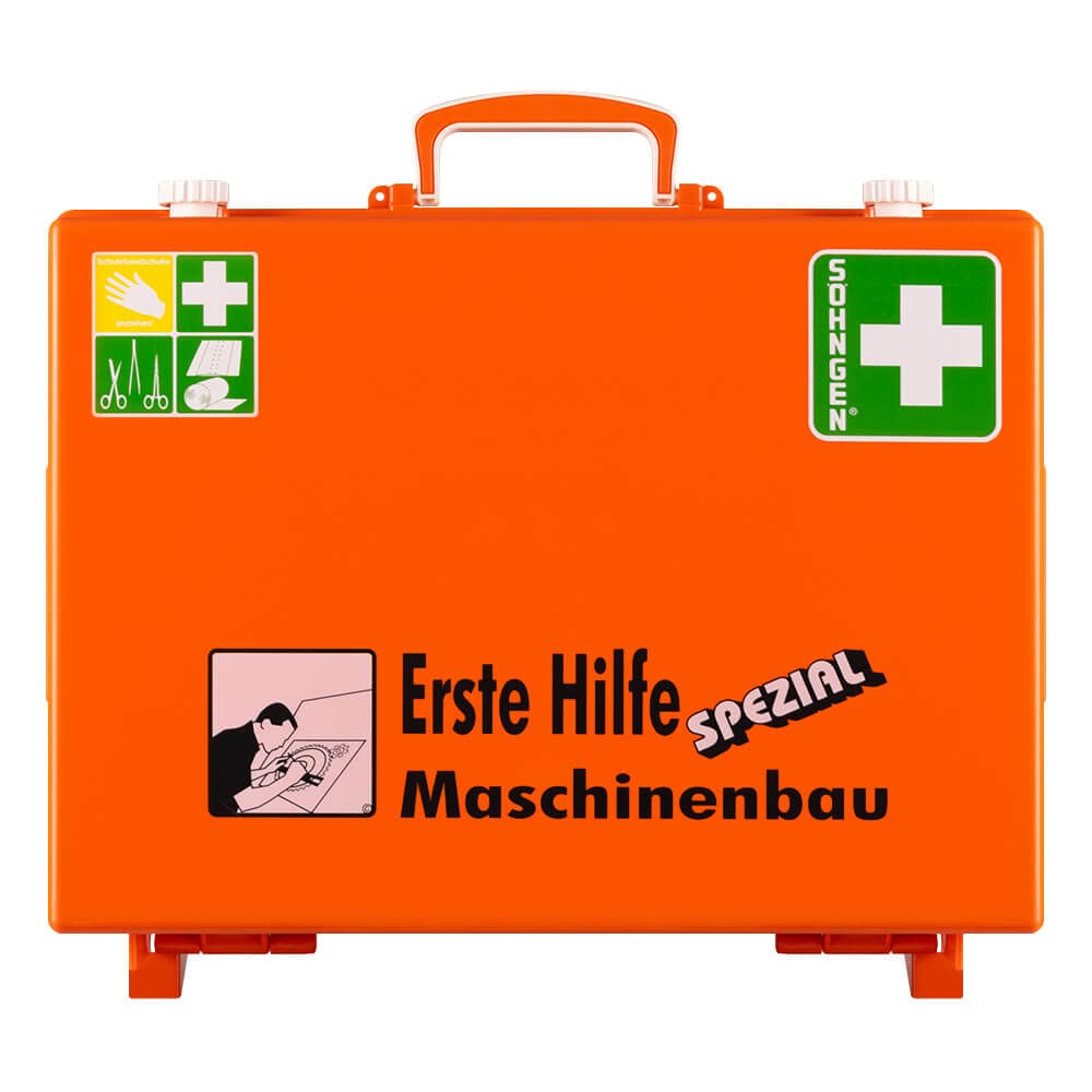 Erste-Hilfe-Koffer Maschinenbau Söhngen, Wandhalt., orange, ASR A4.3/DIN 13157, Art.-Nr. 110036 | Verbandskasten | Notfallkoffer | Erste Hilfe Kasten