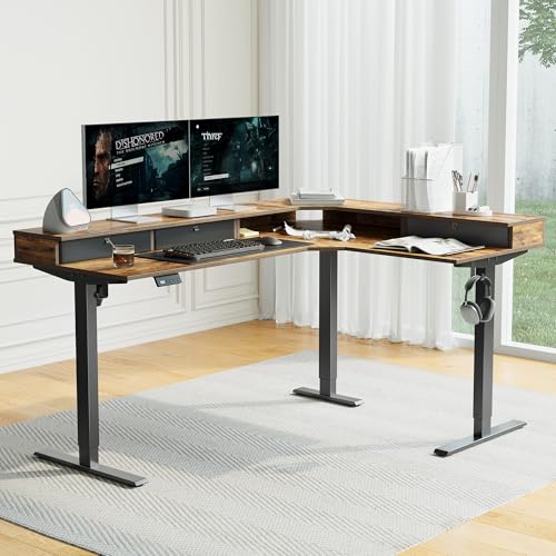 Image of CubiCubi L Shaped Standing Desk with Drawers 63 x 48 Inch Adjustable Height, Electric Corner Desk with Storage, Sit Stand Home Office Desk with Splice Board, Rustic Brown