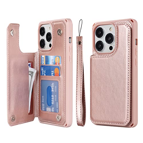 Image of Cavor for iPhone 14 Pro Wallet Case with Card Holder for Women Men,Stand Credit Card Holder Phone Case, Leather Strap Cover- Rose Gold