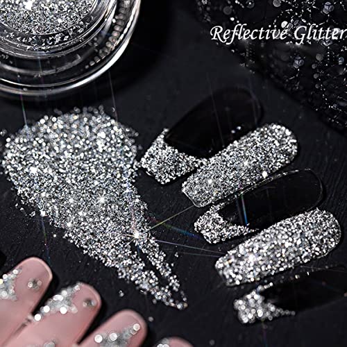 Holographic Reflective Glitter Powder Crystal Rhinestones Nail Art, 3D Diamond Nail Powder Sequins Nail Glitter Metallic Shining Flakes Chrome Pigment Dust Manicures Decoration #TOP4