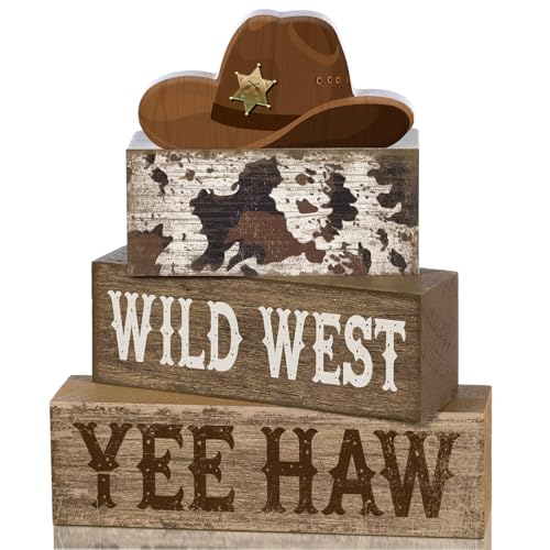 Image of Yuntau 4 Pcs Western Tiered Tray Decorations Set Cowboy Hat Stack Block Signs Desert Farmhouse Rustic Tabletop Tiered Tray Decor for Table Shelf Home Office