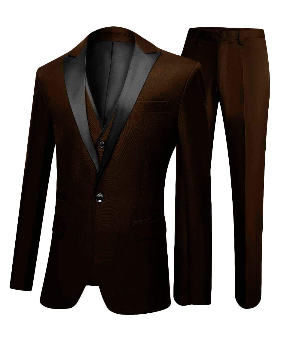 One Button 3 Pieces Brown Wedding Suits Notch Lapel Men Suits Groom Tuxedos Brown 46 Chest / 40 Waist