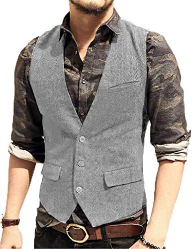 Yiqinyuan Men's Suit Vest V Neck Wool Herringbone Tweed Casual Waistcoat Formal Business Vest Groom Man