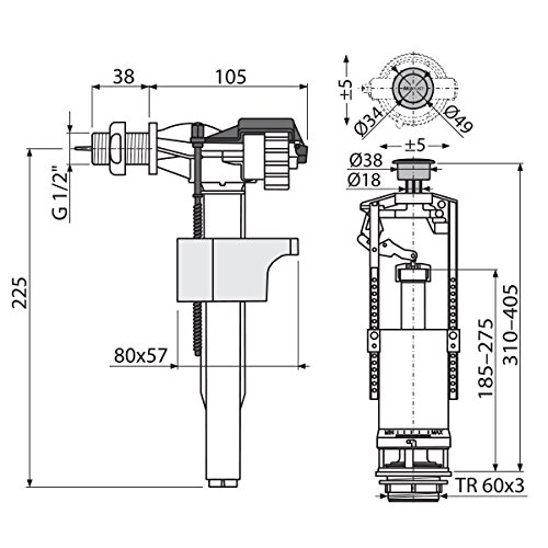 Alcaplast Spülventil-Set mit Ablaufventil und Füllventil, 1/2" Anschluss Seitlich, Metall, Kugelventil, 2 Ports, Messing oder Edelstahl Körper