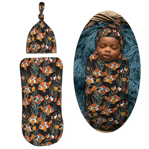Image of Watercolor Tropical Fish Clownfishes Newborn Swaddle Blankets Hat Sets Soft Baby Receiving Blanket Swaddle Sack for Baby Shower Infant Boy Girl Gift