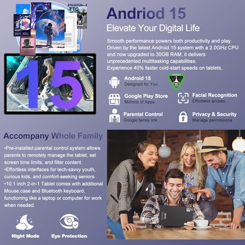 Image of 2026 Android 15 Tablet with Keyboard | Gemini AI, 30GB+128GB Octa-Core Electronics Tablets w / 10 Inch IPS HD Display, 8000mAh, 5G WiFi, 1TB Expand, Mouse+Case, BT 5.0, Widevine L1, Metal Body -Black