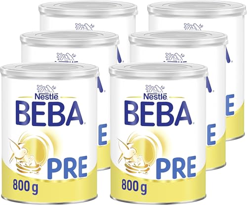 BEBA PRE - Anfangsmilch von Geburt an, Nur Laktose, Ohne Palmöl, Ohne Fischöl, Babynahrung, Baby-Milchpulver, 6er Pack (6 x 800g)