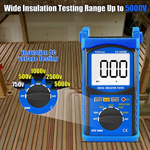 Kethvoz KE-6688B Digital Megohmmeter, Kethvoz 500V/1000V/2500V/5000V Insulation Resistance Tester, Auto Range Megohm Meter 1Mω~2Gω, Testing Ac Voltage 750V,Data Hold Backlit Lcd thumb #3