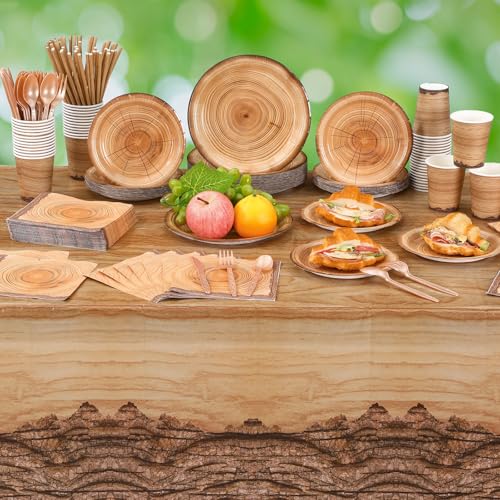 Image of Funnymoom 452 Pcs Camping Wood Grain Party Decorations Rustic Wood Disposable Paper Plates Napkins Cups Tablecloth Cutlery Straws for Forest Themed Party Decorations Hunting Birthday Supplies