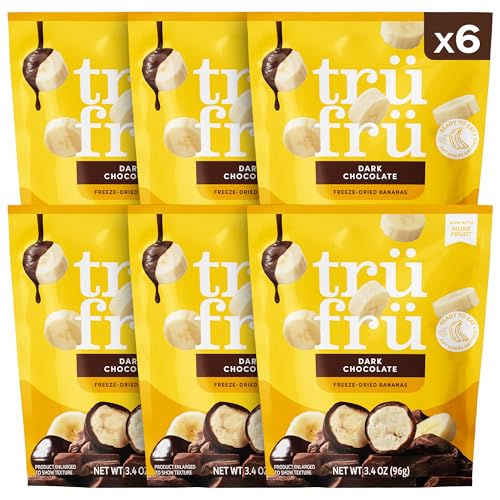 Tru Fru Freeze Dried Bananas in Dark Chocolate, Chocolate Covered Fruit, Freeze Dried Fruit and Gluten Free Candy, Non-GMO & Kosher Sweet Treat, Perfect for Travel & On the Go (3.4oz) 6 Pack