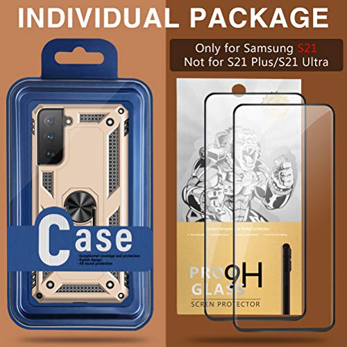 Image of Case for Samsung Galaxy S21 5G Case Heavy Duty with Built in Screen Protector Hard Armor Military Anti-Fall Bumper Cover for Samsung S21 5G 6.2 2021 Phone Cases with Magnetic Ring Kickstand (Gold)