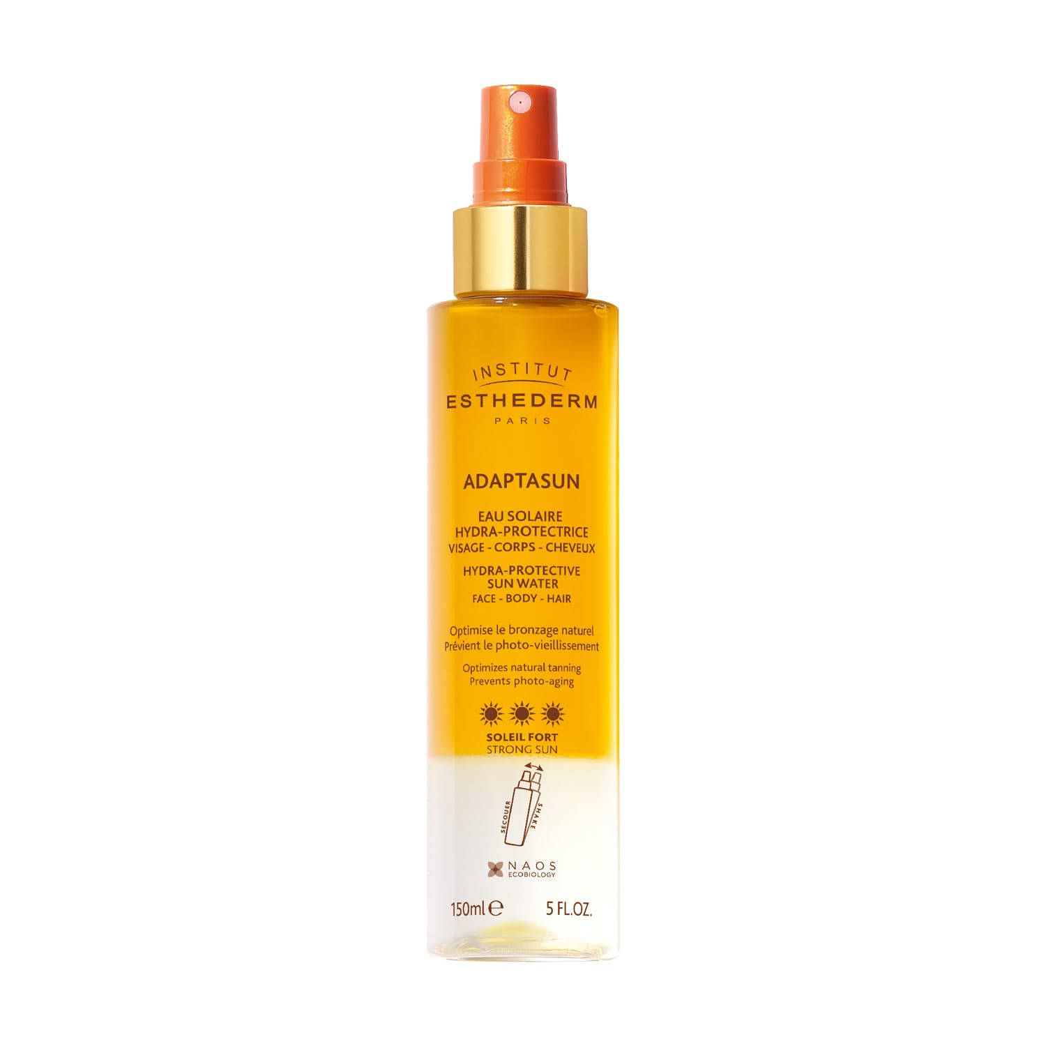 INSTITUT ESTHEDERM Eau solaire hydra-protectrice - Protection UVA/UVB contre les coups de soleil et le photovieillissement - Accélère le bronzage - Flacon Pompe 150 ml