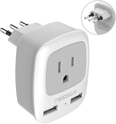 TESSAN - Adaptador de corriente de viaje para Italia, enchufe de conexión a tierra de 3 clavijas con puertos de carga USB duales, cargador adaptador