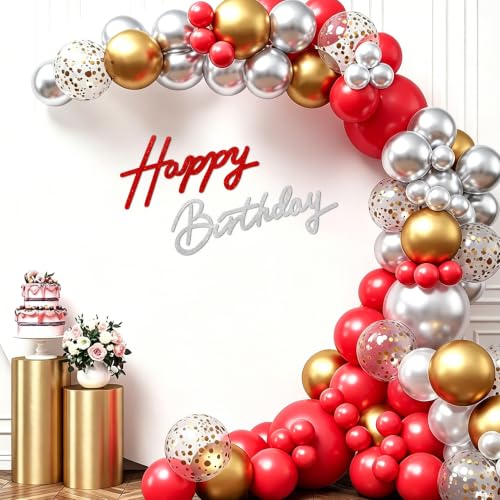 Image of TONIFUL Happy Birthday Sign for Backdrop - Glitter Red Silver Felt Banner - Includes Dot Glue - Perfect for Birthday Party Backdrop,Wall Decr,Balloon Arch,Photo Background