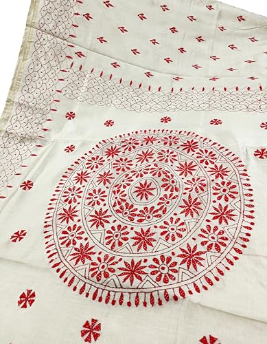 Image of SHRISTI CLOTHINGS Women's Hand Embroidered Cotton Silk Kantha Stitch Saree with Blouse Piece (J420724 OFFWHITED89)