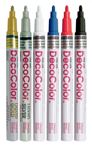 Marvy Uchida Paint Markers Deco Color Fine Point Kit; 6 Colors: White, Black, Red, Blue, Silver, Gold