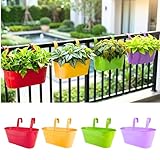 LaLaGreen Rail Planter (11.8 Inch, 4 Pack) Colorful Outdoor Hanging Flower Metal Planters Railing Fence Balcony Gardening for Apartment Patio Modern Garden Style Iron Deck Decoration Porch Decor Pots