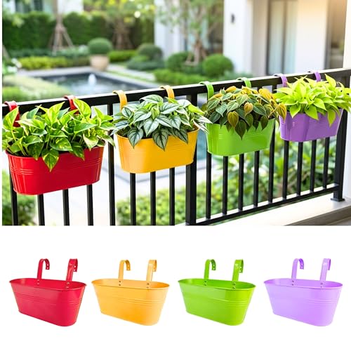 LaLaGreen Rail Planter (11.8 Inch, 4 Pack) Colorful Outdoor Hanging