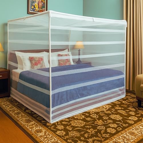 Image of Mosquito Net for King Size Bed & Double Bed (6x7 ft), Stylish Horizontal Banded Stripe Design, Wall /Hook Hanging Foldable Machhardani Ideal for Home, Travel & All-Season Use (Pearl White)