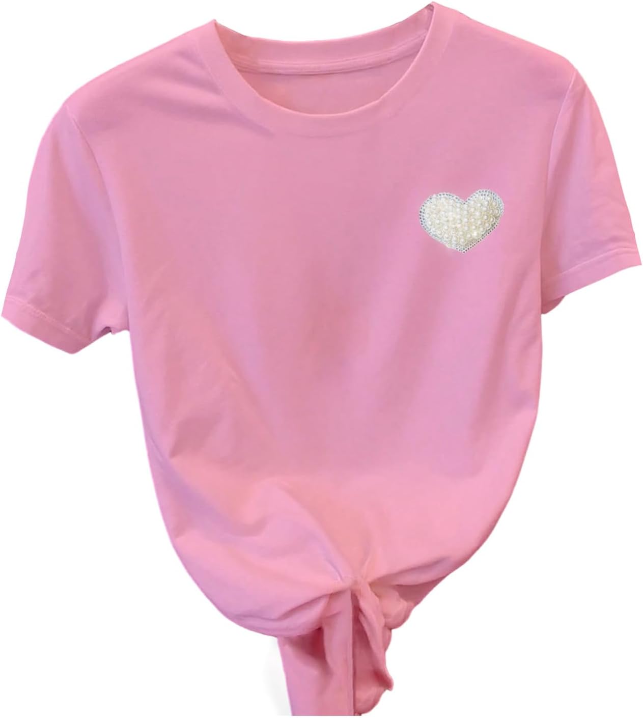 Women's Short Sleeve Round Neck T Shirts Rhinestone Pearl Top Casual Tees