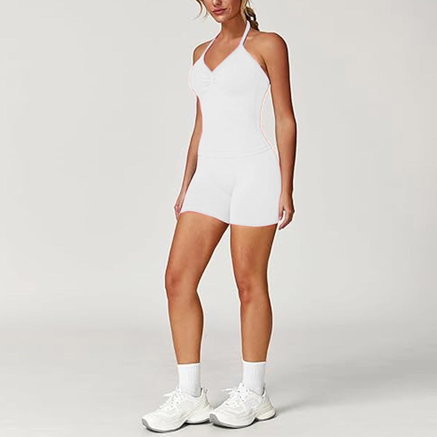 HGps8w 2 Piece Workout Sets for Women Seamless Padded Halter Tank Top and High Waisted Booty Gym Shorts Tracksuit Outfits