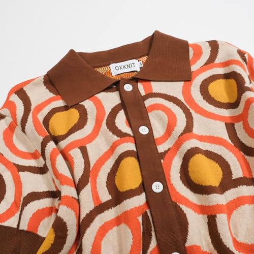 Men's Knitted Vintage Poloshirt, 1960s Mod Style Retro Irregular Round Polo Shirt with Button Beige Brown3