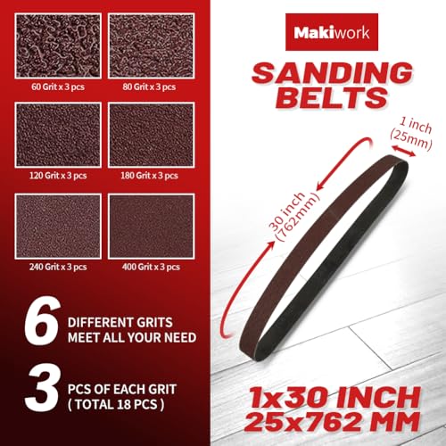 Image of 18 Pack 1x30 Inch Sanding Belts, Assorted 60-400 Grit Aluminum Oxide Abrasive Belts for Belt Sander, Woodworking, Metal Polishing & Surface Preparation
