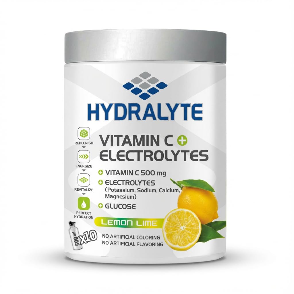 Hydralyte Vitamin C + Electrolyte Hydration Sports Drink Powder Lemon Flavor Jar, 200 Gm | 20 Servings Per Container (250Ml) | Natural Electrolyte Replacement Supplement For Rapid Hydration