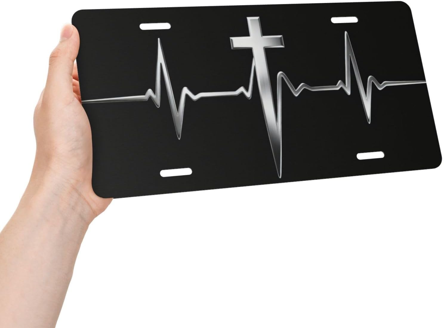 Cross Heartbeat Silver Front License Plate Car Decorative License Plates Aluminum Metal Decor Accessory Novelty Vanity Tag Cover with 4 Holes for Men Women 6" X 12"