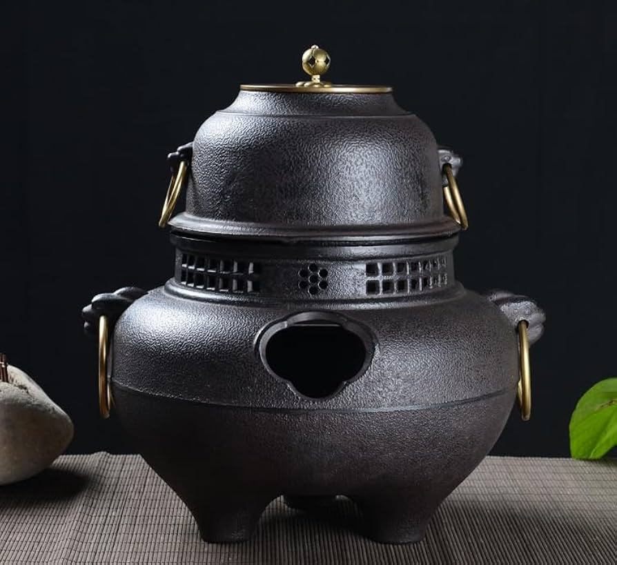 鋳鉄製 茶釜 取っ手付き アンティーク 工芸品 Amazon | JICOMUS急須、鬼面鋳鉄風炉茶釜、鉄風炉、茶道具、炭火