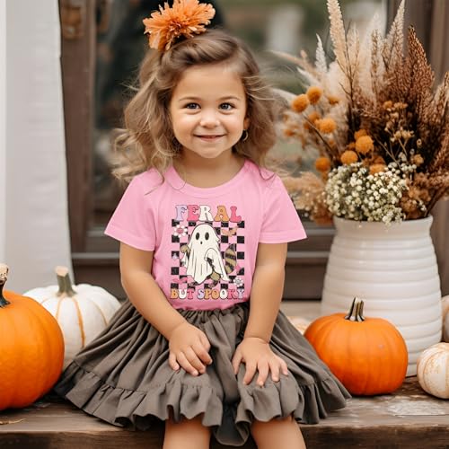 KEKEMI Toddler Baby Girl Halloween Shirt Feral But Spooky T-Shirt Ghost Spooky Season Outfit Cute Short Sleeve Tees Fall Tops4