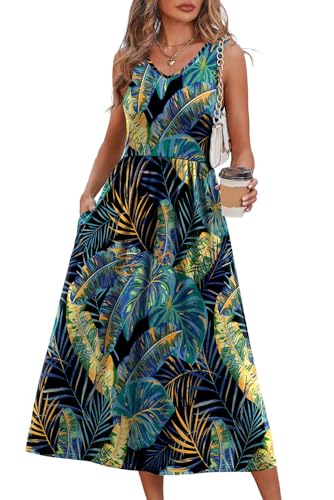 Summer Dresses for Women 2026 Boho Flowy Holiday Hawaiian Womens Dresses Long Maxi Dress Floral Sundress Beach Vacation Clothes Cruise Travel Resort Wear Business Casual Outfits Black Hawaii Leaf L