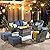 ovios 7 Pieces Patio Furniture Set with Fire Pit Table, Outdoor Wicker Swivel Rocking Chairs with Comfy Cushions, All Weather High Back Sofa Couch Set, Grey Rattan, Denim Blue