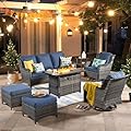 ovios 7 Pieces Patio Furniture Set with Fire Pit Table, Outdoor Wicker Swivel Rocking Chairs with Comfy Cushions, All Weather High Back Sofa Couch Set, Grey Rattan, Denim Blue