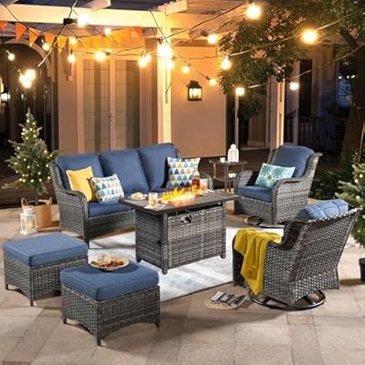 ovios 7 Pieces Patio Furniture Set with Fire Pit Table, Outdoor Wicker Swivel Rocking Chairs with Comfy Cushions, All Weather High Back Sofa Couch Set, Grey Rattan, Denim Blue