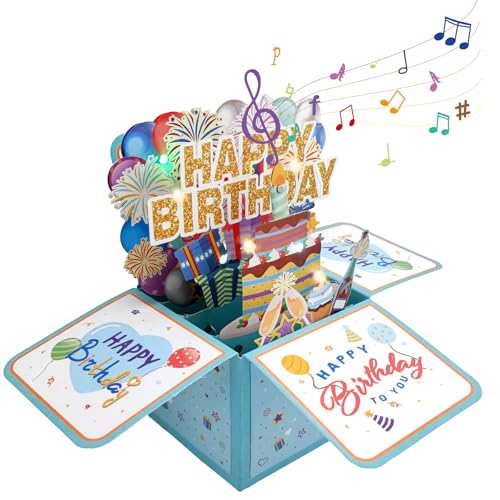 AURIVEE Biglietti auguri compleanno 3D con musica, luci LED e candele spegni soffiando - Scatola regalo pop-up per donne, uomini, bambini e adulti (Blu)