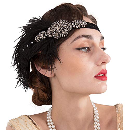 SWEETV Black Flapper Feather Headband, Elastic 1920s Headpieces, the Great Gatsby Hair Accessories