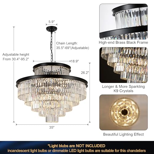 Image of 35 inch Large Black Crystals Chandelier 6-Tier Modern High Ceiling Chandeliers