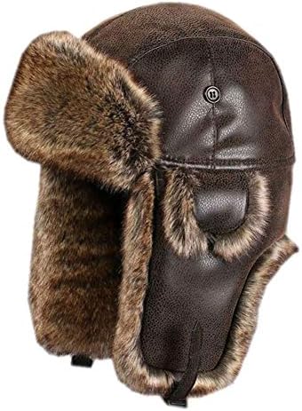 Oncefirst Unisex Aviator Hat Faux Leather Pilot Cap Winter Trapper Hunting Hat Brown XL