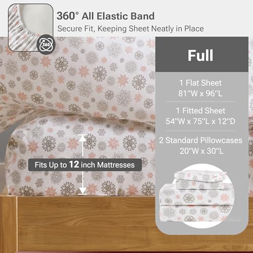 True North by Sleep Philosophy Cozy Flannel Warm 100% Cotton Sheet - Novelty Print Animals Stars Cute Ultra Soft Cold Weather Bedding Set, Full, Pink/Grey Snowflakes 4 Piece