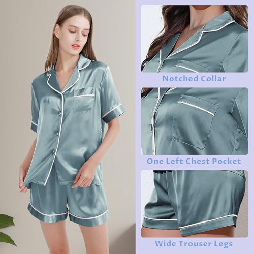 Image of SIIK 100% Mulberry Silk Pajamas Set for Women - 2 Piece Lingerie Sets, Lounge Sleepwear Women Sets, Steel Blue Large