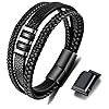 Gkmamrg Pulsera Hombre de piel para negro – Brazalete Hombre correa de cuero auténtico trenzado, pulsera enrollable ancha con cierre magnético, 22.5centimeters, Cuero