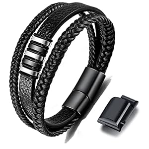 Gkmamrg Pulsera Hombre de piel para negro – Brazalete Hombre correa de cuero auténtico trenzado, pulsera enrollable ancha con cierre magnético, 22.5centimeters, Cuero