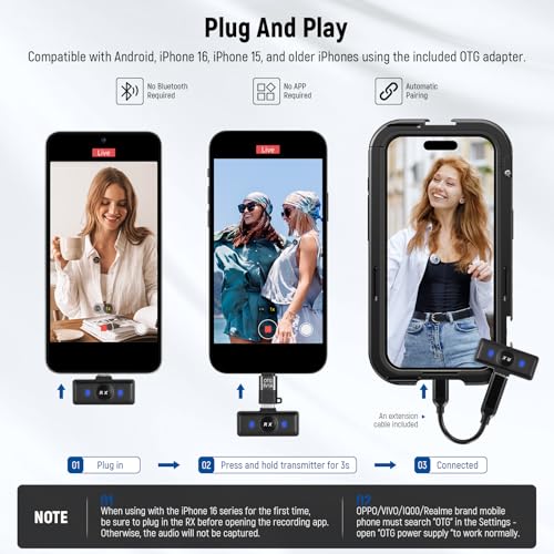 Image of NEEWER Wireless Lavalier Microphone System Compatible with iPhone Android Phone PC Laptop Computer, Noise Cancelling Mini Lapel Mic Set with USB C OTG Charging Case 24H Battery 200m Long Range, KM18