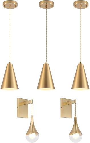 Luces colgantes doradas para isla de cocina, lámparas de comedor sobre mesa, paquete de 3 con pantalla de metal de cono de latón cepillado, apliques