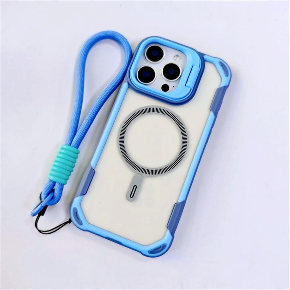 Coque iPhone 15 bleu clair en silicone rigide avec sangle et porte-objectif