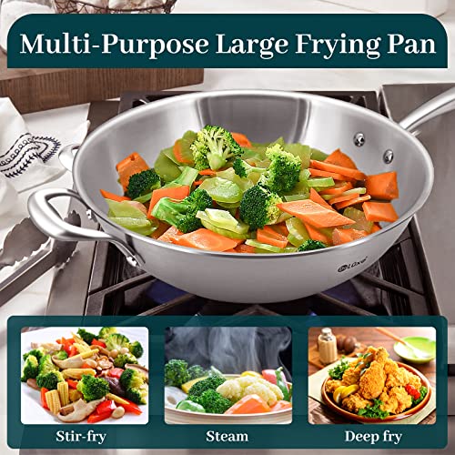 Deluxe Stainless Steel Wok Pan, 12.5" Stir Fry Pan With Steel Lid, 3-Ply Kitchen Cookware Stay-Cool Handle Large Cooking Pot For Induction Cooktop Electric Gas Ceramic, Dishwasher Oven Safe #TOP4