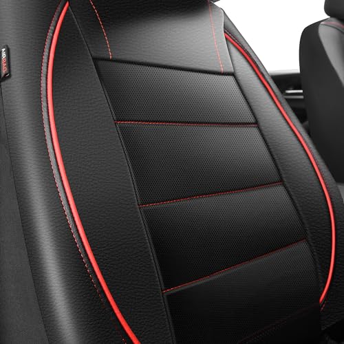 Image of CAR PASS Universal FIT Piping Leather Two Front Seat Covers, Waterproof Faux Leather for SUV Sedan Van Truck, Airbag Compatible,Reserved Opening Holes for Headrest Covers. (Black red)