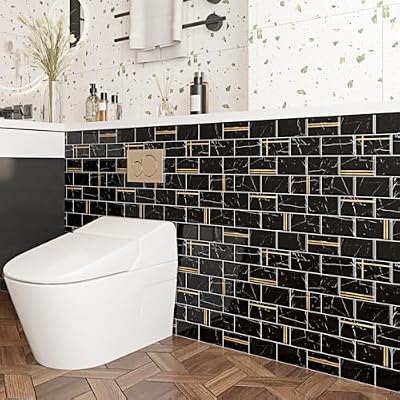 Black/Gold Marble Subway Tile Peel and Stick Backsplash 3D Self Adhesive 10 Sheets Marble Look Peel and Stick Backsplash Waterproof Heat-Resistant Subway Tile for Kitchen Bathroom Fireplace 12"x12"